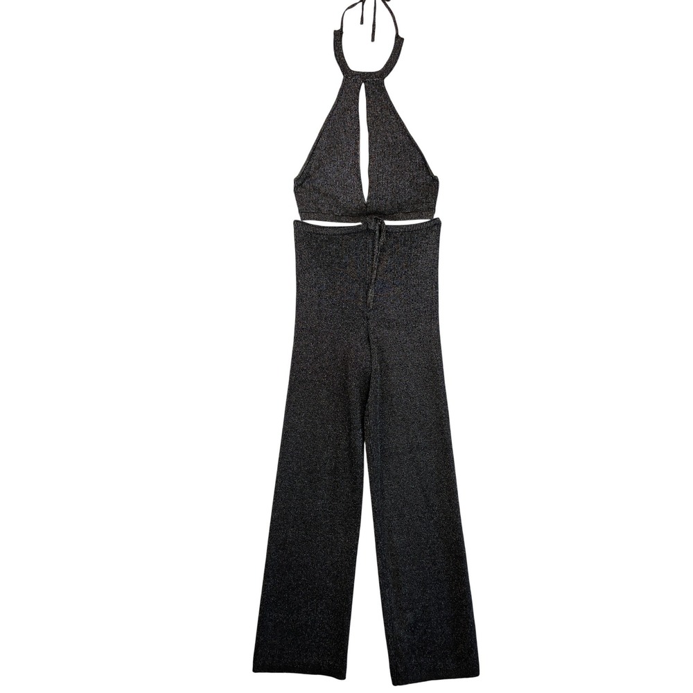 Bershka Metallic Knit Halter Jumpsuit Black Silver Keyhole Wide Leg Womens S